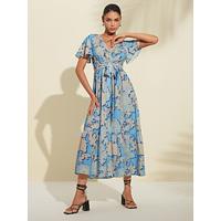 Folk Print V Neck Midi Dress - thumbnail