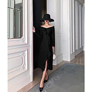 A-Line Little Black Dress Elegant Homecoming Cocktail Party Dress Off Shoulder Long Sleeve Tea Length Stretch Fabric with Ruffles Split 2021 Lightinthebox