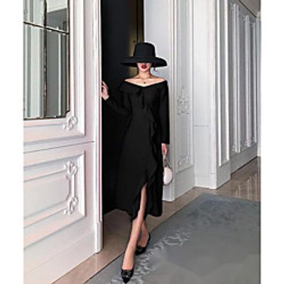 A-Line Little Black Dress Elegant Homecoming Cocktail Party Dress Off Shoulder Long Sleeve Tea Length Stretch Fabric with Ruffles Split 2021 Lightinthebox
