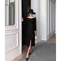 A-Line Little Black Dress Elegant Homecoming Cocktail Party Dress Off Shoulder Long Sleeve Tea Length Stretch Fabric with Ruffles Split 2021 Lightinthebox - thumbnail