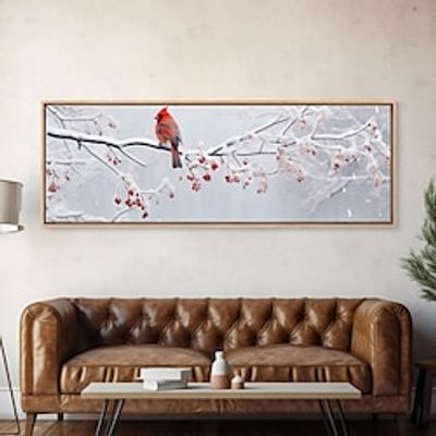 Magpie in Snow Storm Winter Decor Christmas Handpainted Beautiful Animal Canvas Art Handmade Winter Landscape Painting Rolled Canvas (No Frame) miniinthebox