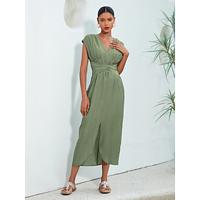 Rayon Solid V Neck Tie Back Maxi Dress