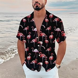 Men's Shirt Summer Hawaiian Shirt Floral Flamingo Graphic Prints Turndown Blue-Green Black White Blue Light Blue Casual Holiday Short Sleeve Button-Down Print Clothing Apparel Tropical Fashion Lightinthebox