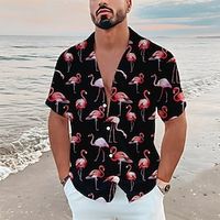 Men's Shirt Summer Hawaiian Shirt Floral Flamingo Graphic Prints Turndown Blue-Green Black White Blue Light Blue Casual Holiday Short Sleeve Button-Down Print Clothing Apparel Tropical Fashion Lightinthebox - thumbnail