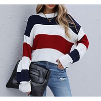 Women's Pullover Sweater Stripe Striped Color Block Stylish Long Sleeve Sweater Cardigans Crew Neck Fall Spring Royal Blue Lightinthebox - thumbnail