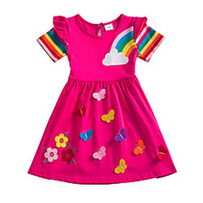 Kids Little Girls' Dress Butterfly Sun Flower Rainbow Floral Flower School Birthday Party Embroidered Ruched Bow Blue Purple Fuchsia Knee-length Short Sleeve Regular Flower Sweet Dresses Children's miniinthebox
