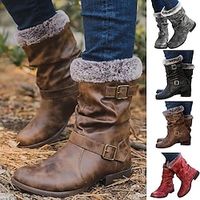 Women's Boots Snow Boots Slouchy Boots Plus Size Outdoor Daily Fleece Lined Mid Calf Boots Winter Buckle Flat Heel Round Toe Vintage Classic Casual Suede Zipper Solid Color Black Red Brown miniinthebox - thumbnail