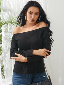 YOINS Black Slit Hem Off The Shoulder Long Sleeves Tee