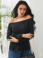 YOINS Black Slit Hem Off The Shoulder Long Sleeves Tee - thumbnail