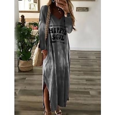 Women's A Line Dress Maxi long Dress Gray Long Sleeve Letter Ruched Print Spring Summer V Neck Elegant Casual 2022 3XL Lightinthebox