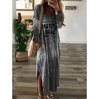 Women's A Line Dress Maxi long Dress Gray Long Sleeve Letter Ruched Print Spring Summer V Neck Elegant Casual 2022 3XL Lightinthebox - thumbnail