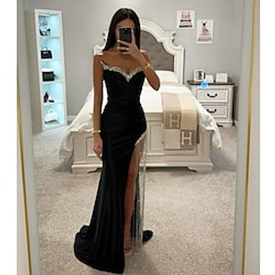Mermaid  Trumpet Prom Dresses Elegant Dress Formal Prom Floor Length Sleeveless Sweetheart Satin with Crystals Tassel Slit 2024 Lightinthebox