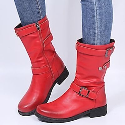 Women's Boots Combat Boots Outdoor Daily Mid Calf Boots Winter Buckle Low Heel Chunky Heel Round Toe Casual Minimalism PU Leather Zipper Solid Colored Black Red Purple miniinthebox