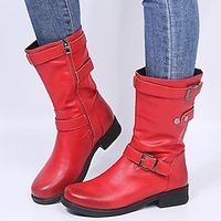 Women's Boots Combat Boots Outdoor Daily Mid Calf Boots Winter Buckle Low Heel Chunky Heel Round Toe Casual Minimalism PU Leather Zipper Solid Colored Black Red Purple miniinthebox - thumbnail