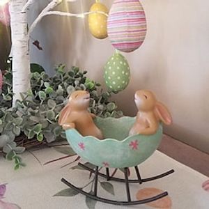 Laughing Bunny Rabbits Rocking in an Easter Egg Cradle Spring Easter Decoration Vintage Rustic Country Bunnies Rabbit Figurine Statue Lightinthebox