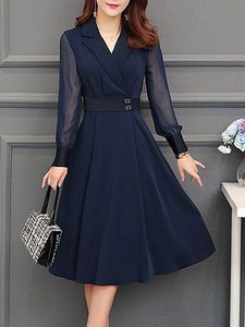 Fold Over Collar Patchwork Plain Skater Dress