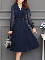 Fold Over Collar Patchwork Plain Skater Dress - thumbnail