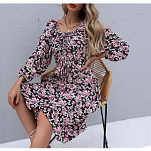 Women's A Line Dress Knee Length Dress Black Long Sleeve Floral Print Fall Winter Square Neck Elegant Casual 2021 S M L XL miniinthebox