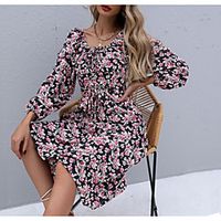 Women's A Line Dress Knee Length Dress Black Long Sleeve Floral Print Fall Winter Square Neck Elegant Casual 2021 S M L XL miniinthebox - thumbnail