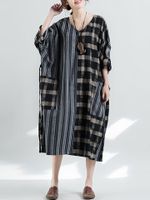 Loose Striped Plaid Stitching V-Neck Dress