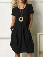 Women Casual Pockets Short Sleeves Summer Solid Midi Dress