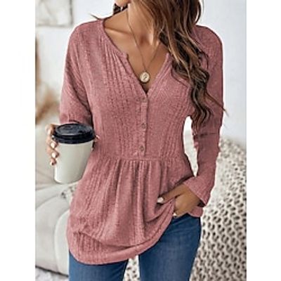 Women's Shirt Blouse Plain Pink Gray Button Flowing tunic Long Sleeve Casual Fashion V Neck Regular Fit Fall  Winter miniinthebox