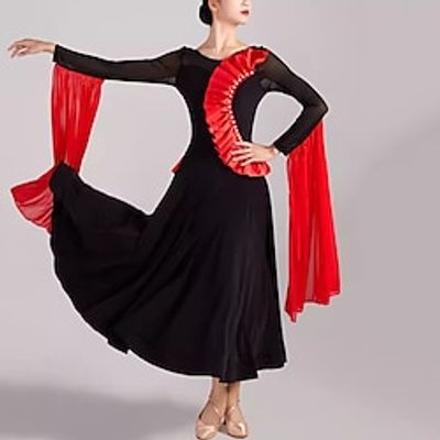 Ballroom Dance Dress Rhinestone Ruffles Splicing Women's Performance Party Long Sleeve Crystal Cotton Mesh Lightinthebox