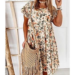 Women's Shift Dress Knee Length Dress Black Beige Light Blue Short Sleeve Floral Print Fall Summer Round Neck Elegant Flare Cuff Sleeve 2021 S M L XL XXL 3XL / Cotton / Cotton miniinthebox