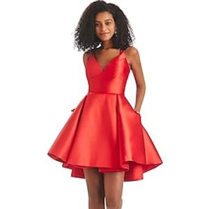 A-Line Homecoming Dresses Backless Dress Holiday Short  Mini Sleeveless V Neck Satin with Pleats 2023 Lightinthebox