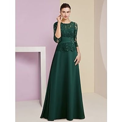 A-Line Mother of the Bride Dress Wedding Guest Elegant Scoop Neck Floor Length Stretch Chiffon 34 Length Sleeve with Lace Sequin Ruching 2023 Lightinthebox