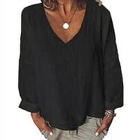 Women's Blouse Black White Yellow Plain 3/4 Length Sleeve Daily Sports Streetwear Festival V Neck Regular Cotton L miniinthebox - thumbnail