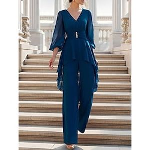 Jumpsuit  Pantsuit Mother of the Bride Dress Wedding Guest Elegant Simple V Neck Floor Length Chiffon 34 Length Sleeve with Crystal Brooch Ruching 2024 Lightinthebox