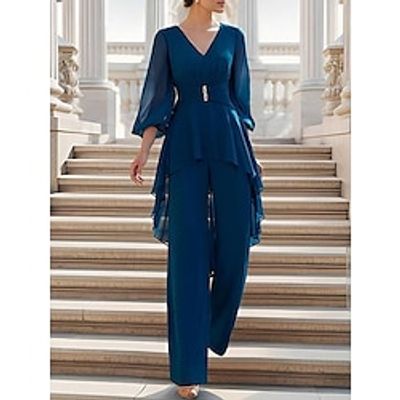 Jumpsuit  Pantsuit Mother of the Bride Dress Wedding Guest Elegant Simple V Neck Floor Length Chiffon 34 Length Sleeve with Crystal Brooch Ruching 2024 Lightinthebox
