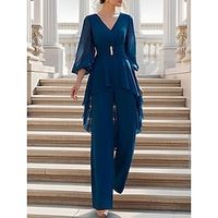 Jumpsuit  Pantsuit Mother of the Bride Dress Wedding Guest Elegant Simple V Neck Floor Length Chiffon 34 Length Sleeve with Crystal Brooch Ruching 2024 Lightinthebox