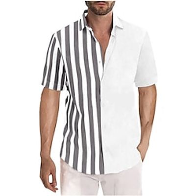 Men's Button Up Shirt Casual Shirt Summer Shirt Beach Shirt Yellow Pink Red Blue Green Short Sleeve Color Block Stripes Lapel Hawaiian Holiday Patchwork Clothing Apparel Fashion Casual Comfortable Lightinthebox