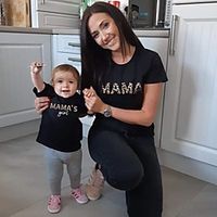 Mommy and Me Tops Leopard Letter Print Gray Black Red Short Sleeve Basic Matching Outfits Lightinthebox - thumbnail