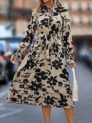 Women's Retro Floral Print Lace Up Round Neck Long Sleeve Dress Women's Retro Floral Print Lace Up Round Neck Long Sleeve Dress