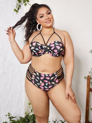 Plus Size Graphic Backless Design Criss-cross Sleeveless Bikini Plus Size Graphic Backless Design Criss-cross Sleeveless Bikini