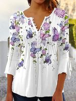 Vintage Floral Print Buttons V Neck Three Quarter Sleeves Blouse