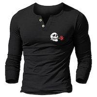 Men's T shirt Tee Graphic Skull V Neck Black Print Street Sports Long Sleeve Print Clothing Apparel Fashion Designer Casual Comfortable Lightinthebox - thumbnail