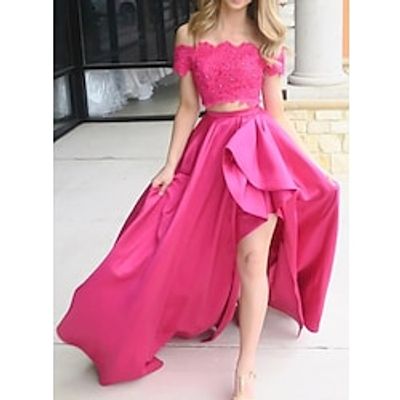 Two Piece Prom Dresses Floral Dress Party Wear Asymmetrical Sleeveless Off Shoulder Satin with Beading Slit Embroidery 2023 Lightinthebox