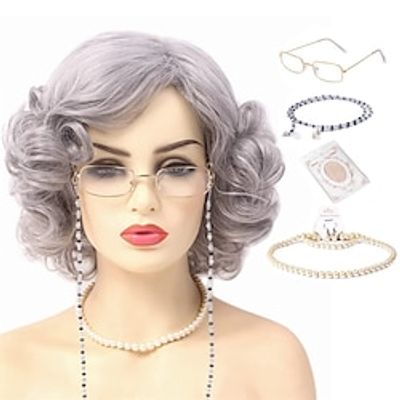 Grey Old Lady Wig for Women Costume Short Curly Silver Granny Womens Wig Gray Grandma Wigs and Glasses NecklaceEarringsBracelets Set 14 Inch miniinthebox