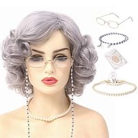 Grey Old Lady Wig for Women Costume Short Curly Silver Granny Womens Wig Gray Grandma Wigs and Glasses NecklaceEarringsBracelets Set 14 Inch miniinthebox - thumbnail