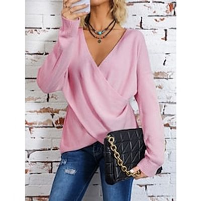 Women's V Neck Pullover Sweater Jumper Casual Sweater Ribbed Knit Polyester Criss Cross Knitted Fall Winter Regular Outdoor Daily Going out Stylish Casual Soft Long Sleeve Pure Color Pink Blue Apricot Lightinthebox