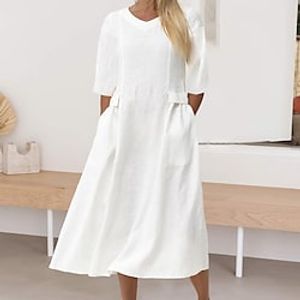 Women's Casual Dress Swing Dress Midi Dress White 34 Length Sleeve Pure Color Pocket Winter Fall Spring V Neck Stylish Weekend 2022 S M L XL XXL 3XL Lightinthebox