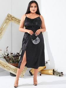 YOINS Plus Size Spaghetti Leopard Slit Design Sleeveless Midi Dress