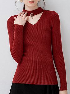 Collar Elegant Plain Long Sleeve Knit Pullover