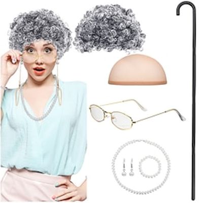 Old Lady Cosplay Set Granny Wig walking cane Glasses Chain Cords Faux Pearl Bead Necklace for Halloween Costume Cosplay Lightinthebox