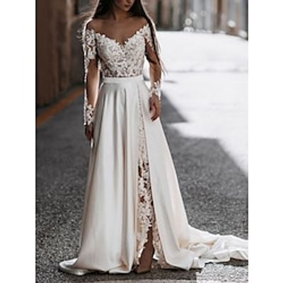 Beach Mature Wedding Dresses A-Line Off Shoulder Long Sleeve Court Train Satin Bridal Gowns With Pleats Split Front 2023 Lightinthebox Beach Mature Wedding Dresses A-Line Off Shoulder Long Sleeve Court Train Satin Bridal Gowns With Pleats Split Front 2023 Lightinthebox