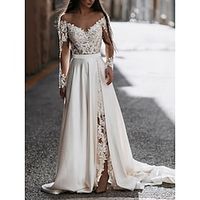 Beach Mature Wedding Dresses A-Line Off Shoulder Long Sleeve Court Train Satin Bridal Gowns With Pleats Split Front 2023 Lightinthebox - thumbnail